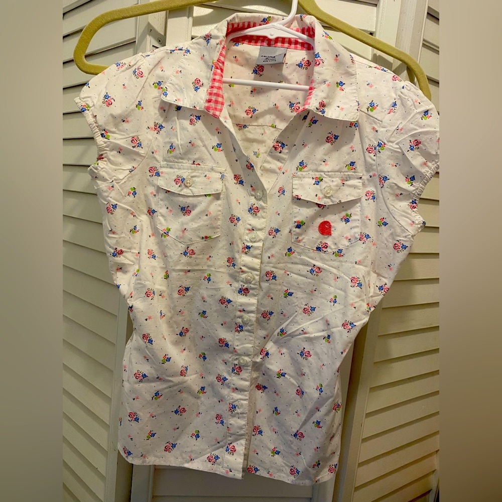CARHARTT Girls “Floral Print Top Button Up” Size 10 White/Pink “C” on pocket EUC